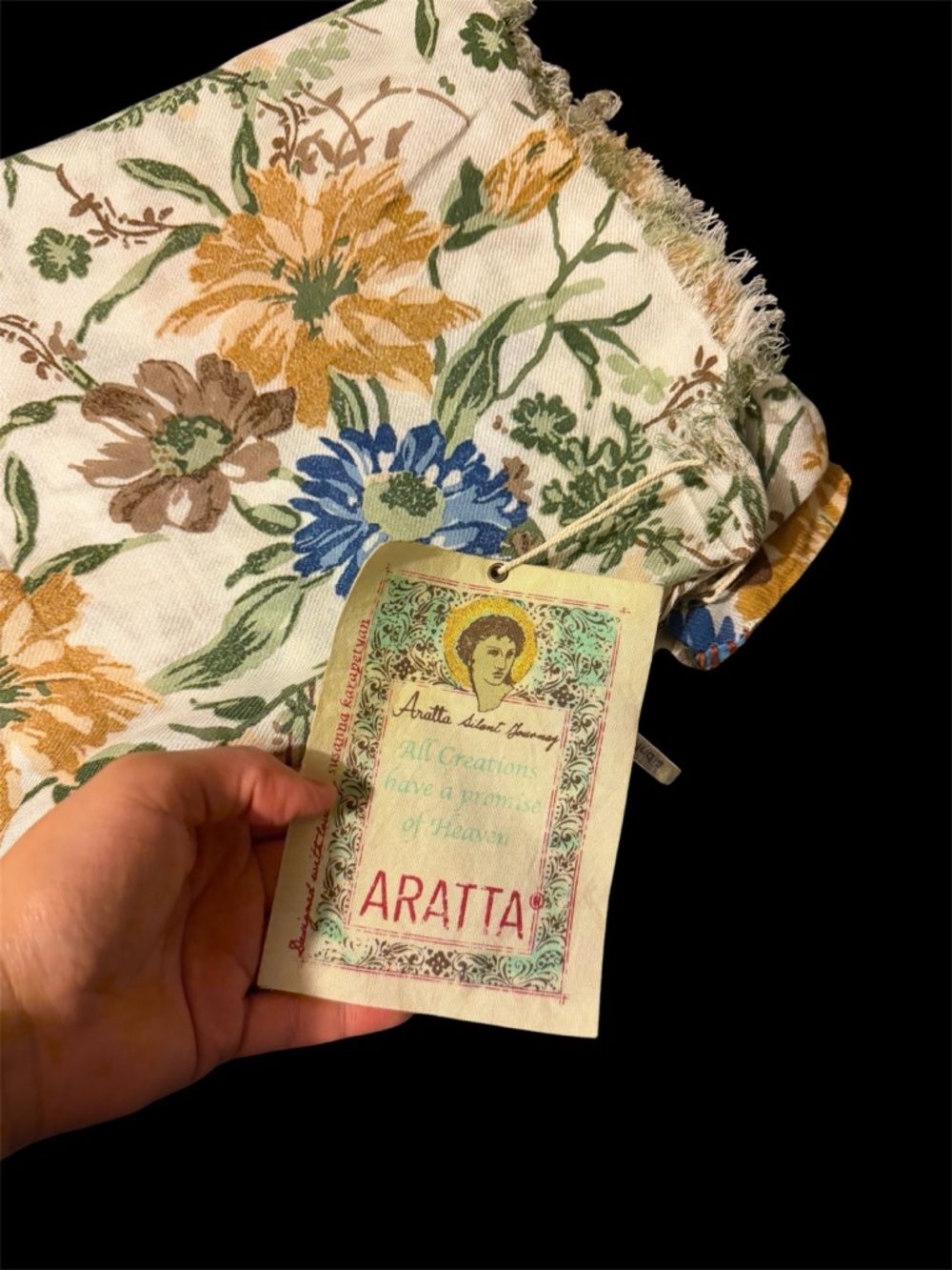 Aratta Floral Wrap Scarf in Cream, Mustard, Blue & Green